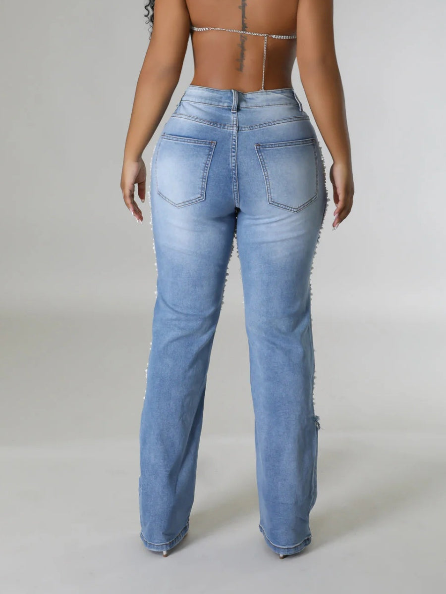 Ripped, Pearl-beaded Stretch Jeans