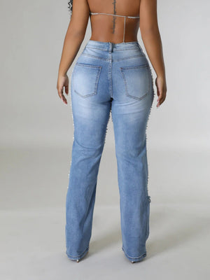 Ripped, Pearl-beaded Stretch Jeans