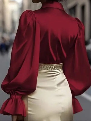 Puff Sleeve Long-sleeved Collared Satin Shirt
