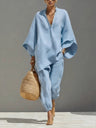 Solid Color Batwing Sleeves, V-neck, Loose Pockets 2-piece Sets