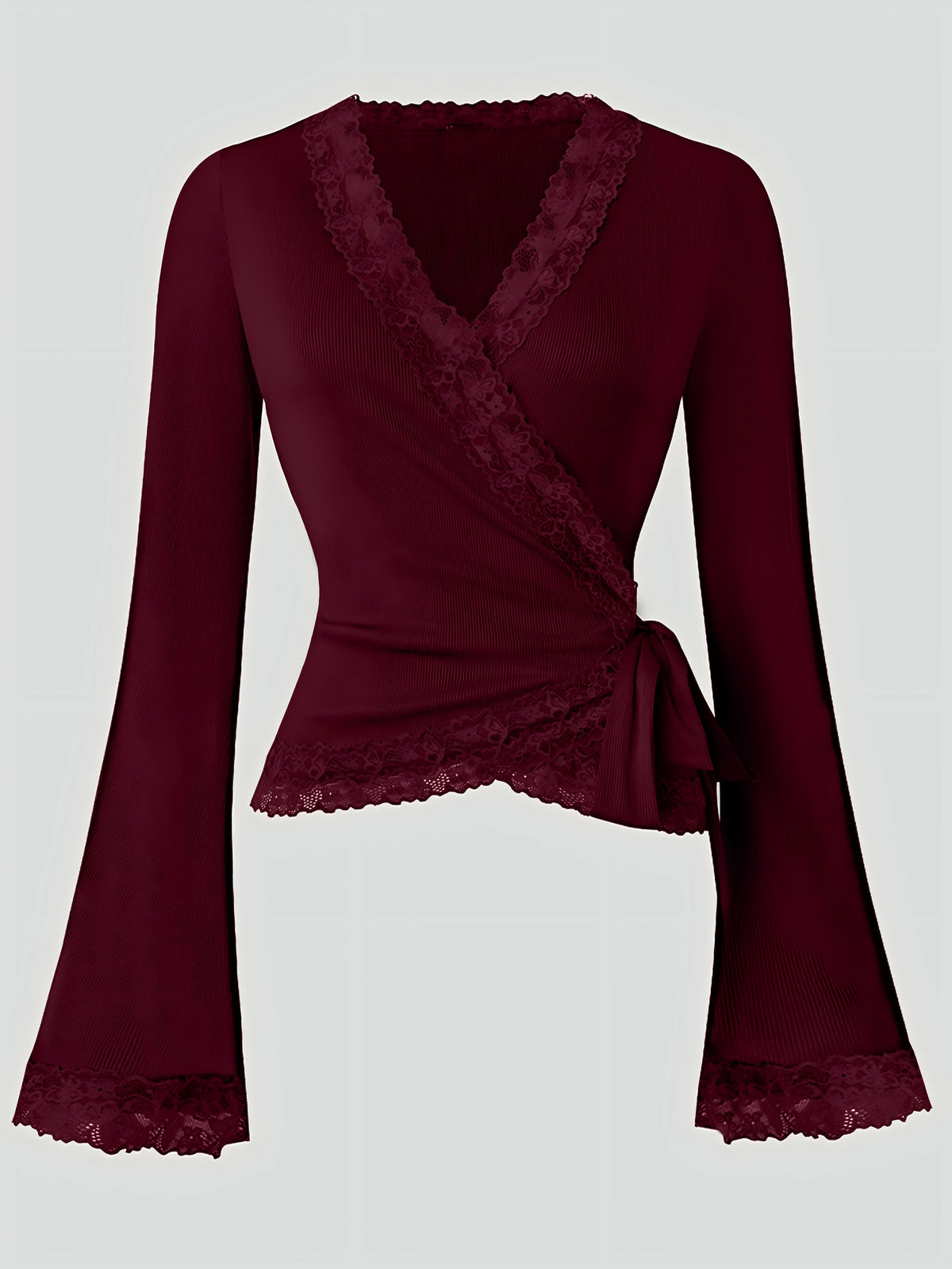 Lace-trimmed V-neck Bell Sleeve Slim Fit T-shirt