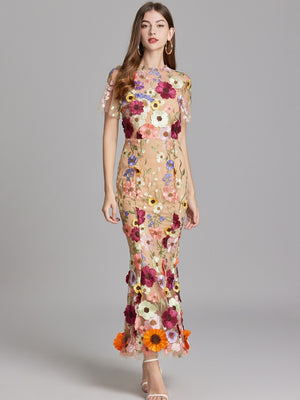 Embroidered 3D Floral Fitted Waist Short-sleeved Long Dress