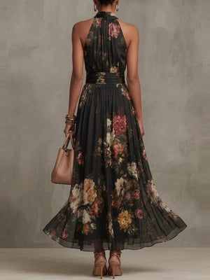 Halter Printed Elegant Temperament Stand Collar Vacation Maxi Dresses