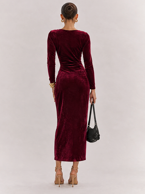 Goose Down V-neck Dress, Slim Fit, Pleated Patchwork, Irregular Skirt, Elegant Long Dress
