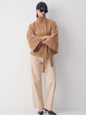 Stand Collar Large Sleeves Buttons Straps Solid Color Coats
