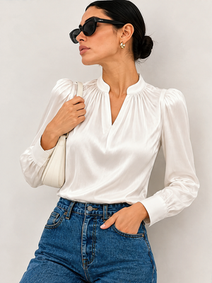 Satin Stand Collar Puff Sleeve Long Sleeve Blouse&Shirts
