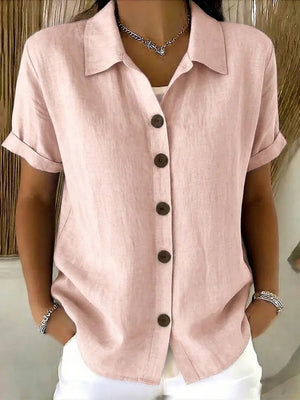 Button-up Cotton Linen Solid Color Short-sleeved T-shirt