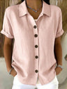 Button-up Cotton Linen Solid Color Short-sleeved T-shirt