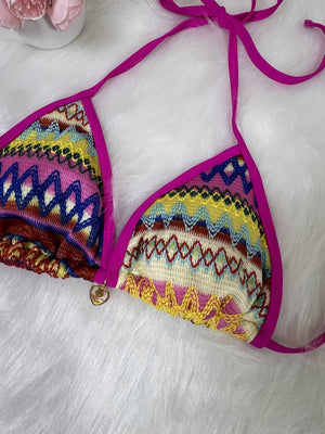 Knitted Color-blocked Striped Tie-up Bikini