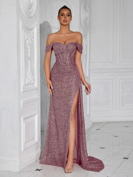 Sequined Strapless Sexy Banquet Dress With Slit, Long And Fitted