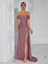Sequined Strapless Sexy Banquet Dress With Slit, Long And Fitted