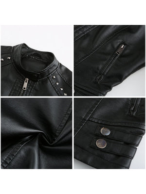 Studs Long Sleeve Stand Collar PU Leather Jackets