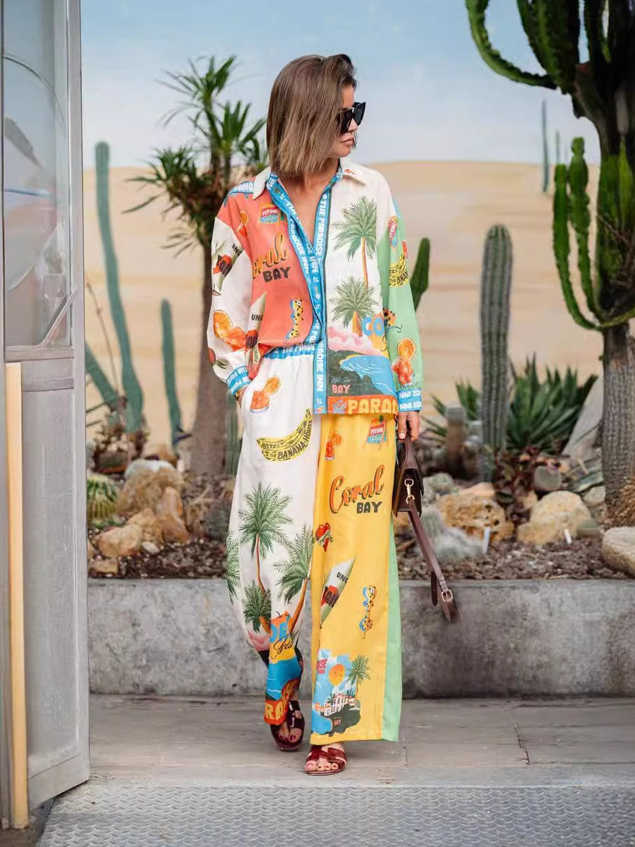 Ensemble deux pièces de chemises à manches longues en lin à imprimé macarons