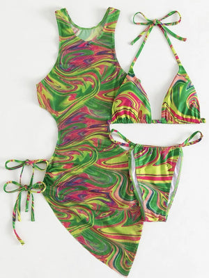 Hollow-out Drawstring Swimsuit Bikini Beach Cover-up Three-piece Set