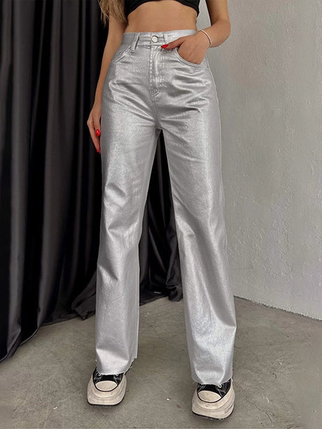 Pocketed, Loose-fitting, Wide-leg, Retro Straight-leg Style In Gold And Silver. Pants