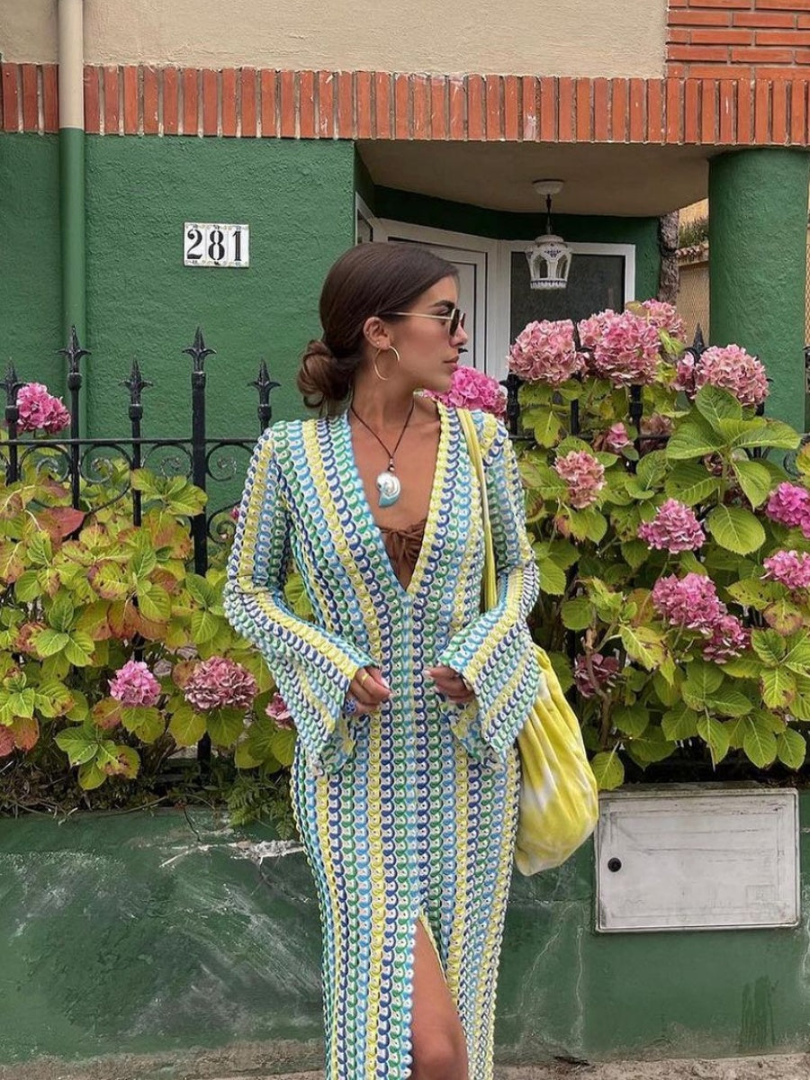 V-neck With Cutout Geometric Pattern Slit Beachwear