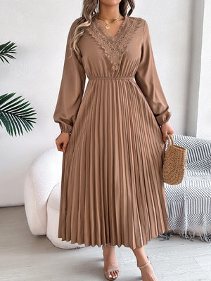 V-neck Lace Trim Fitted Waist Pleated Maxi Dresses