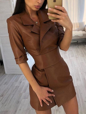 PU Leather Suit Collar Mid-length Sleeves Mini&Short Dresses With Belt