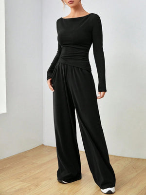 Pocket Solid Color Large Round Neck Long Sleeve Pants 2-piece Sets