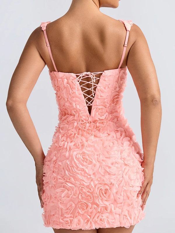 Square Collar 3D Flowers Slim Fit Sleeveless Tie Mini&Short Dresses