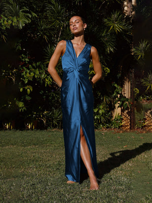 Satin Deep V Sleeveless Backless Long Dress