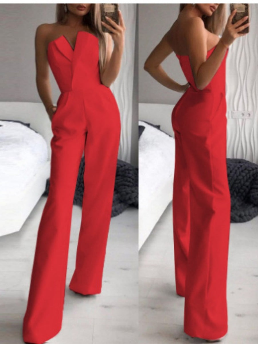 Asymmetrical Mid-waisted Elegant V-neck Strapless Jumpsuit