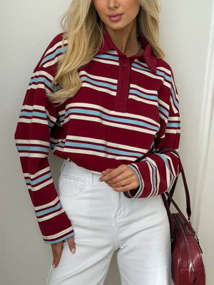 Long-sleeved Striped T-shirt, Polo Collar, Loose-fitting T-shirt