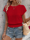 Round Neck Jacquard Hollowed-out Ruffled Short-sleeved T-shirt