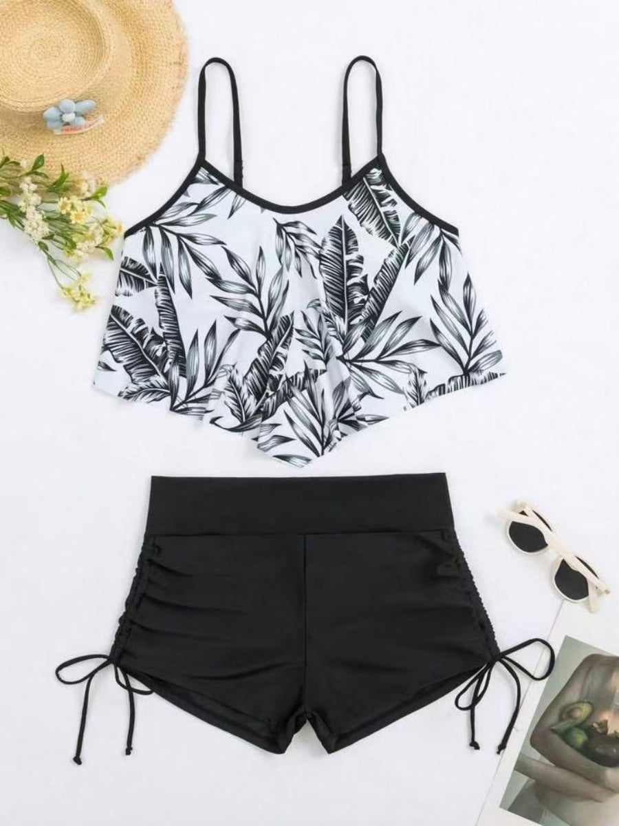 Leaf Print Ruffled Drawstring Boxer Shorts Bikini