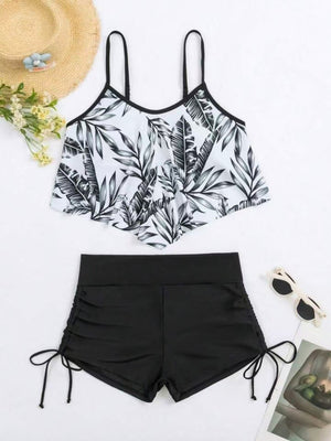 Leaf Print Ruffled Drawstring Boxer Shorts Bikini