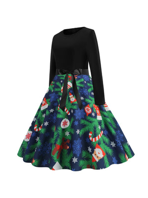 Christmas Crew Neck Splicing Long Sleeve Midi Dresses