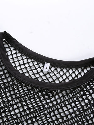 Black Round Neck Tie-up Cropped Mesh See-through Top