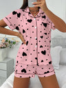 Heart-print Cardigan With Collar And Button-down Short Sleeves And Shorts, Two-piece Loungewear Set