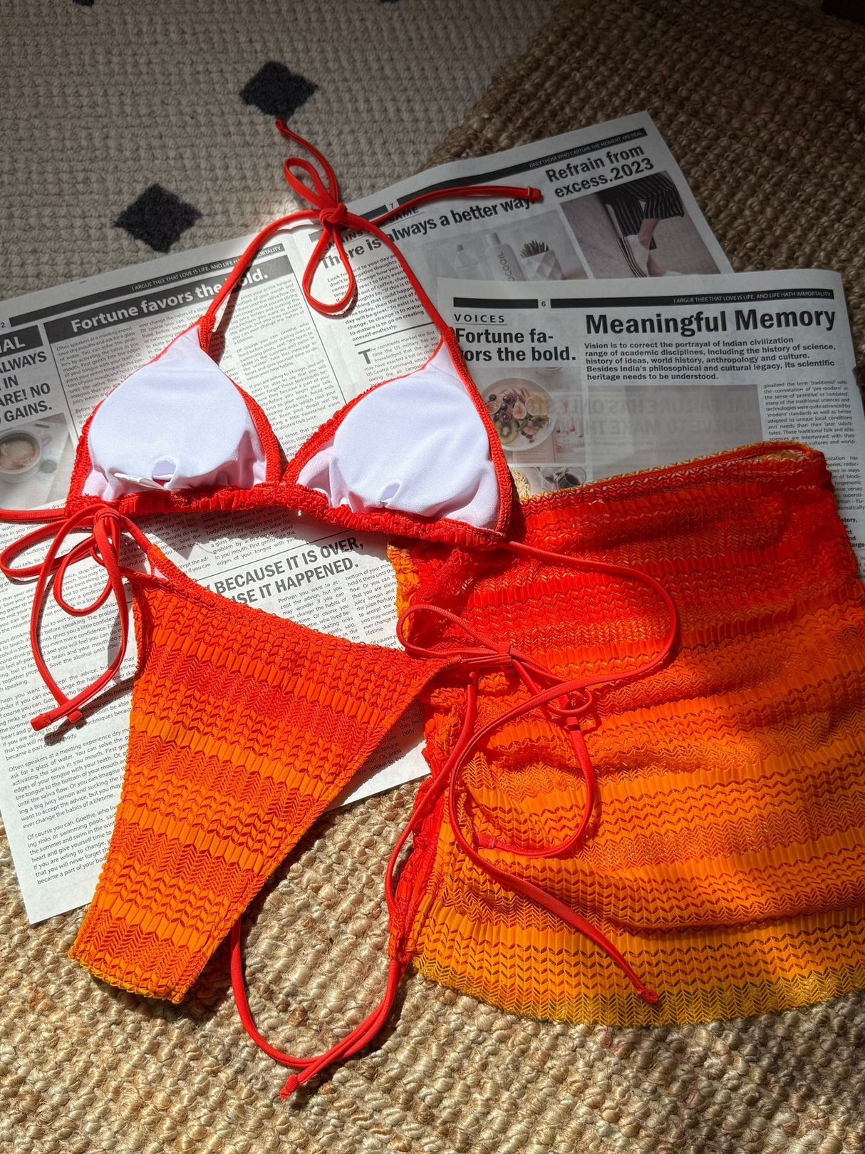 Gradient Mesh Color Blocking Bikini Beach Skirt Three-piece Set