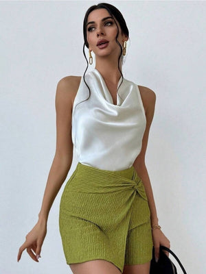 Pleats Solid Color Sexy Sleeveless Satin Satin Vest