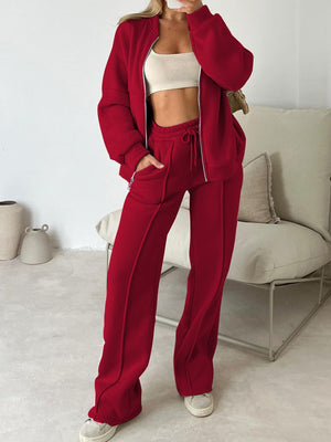 Sporty Style Long-sleeved Jacket Solid Color Trousers Two-piece Set