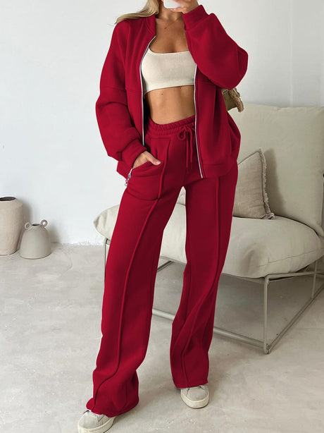 Sporty Style Long-sleeved Jacket Solid Color Trousers Two-piece Set
