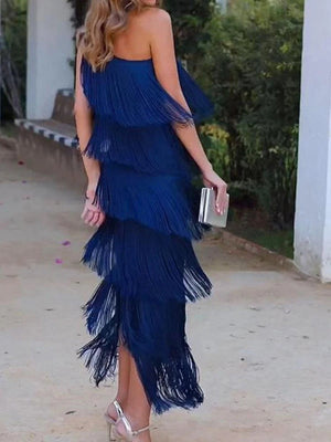 Robes maxi asymétriques à épaules tombantes et à franges