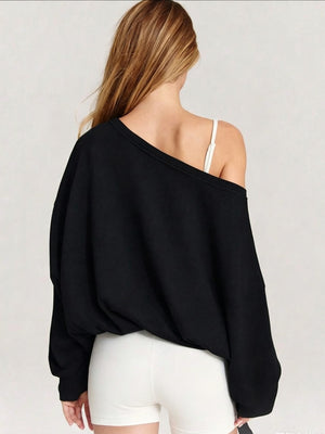 Women's Autumn/Winter Solid Color Off-Shoulder Long Sleeve Drawstring Hem Sweatshirt