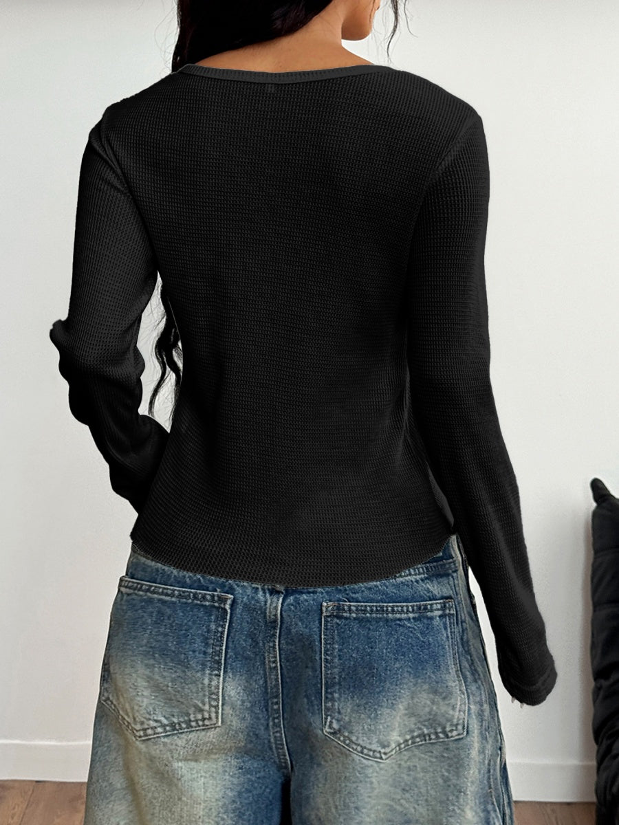 Simplicity Buttons Solid Color Long Sleeve T-shirts