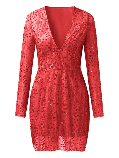 Deep V Long Sleeve Polka Dot Sequins Mini&Short Dresses