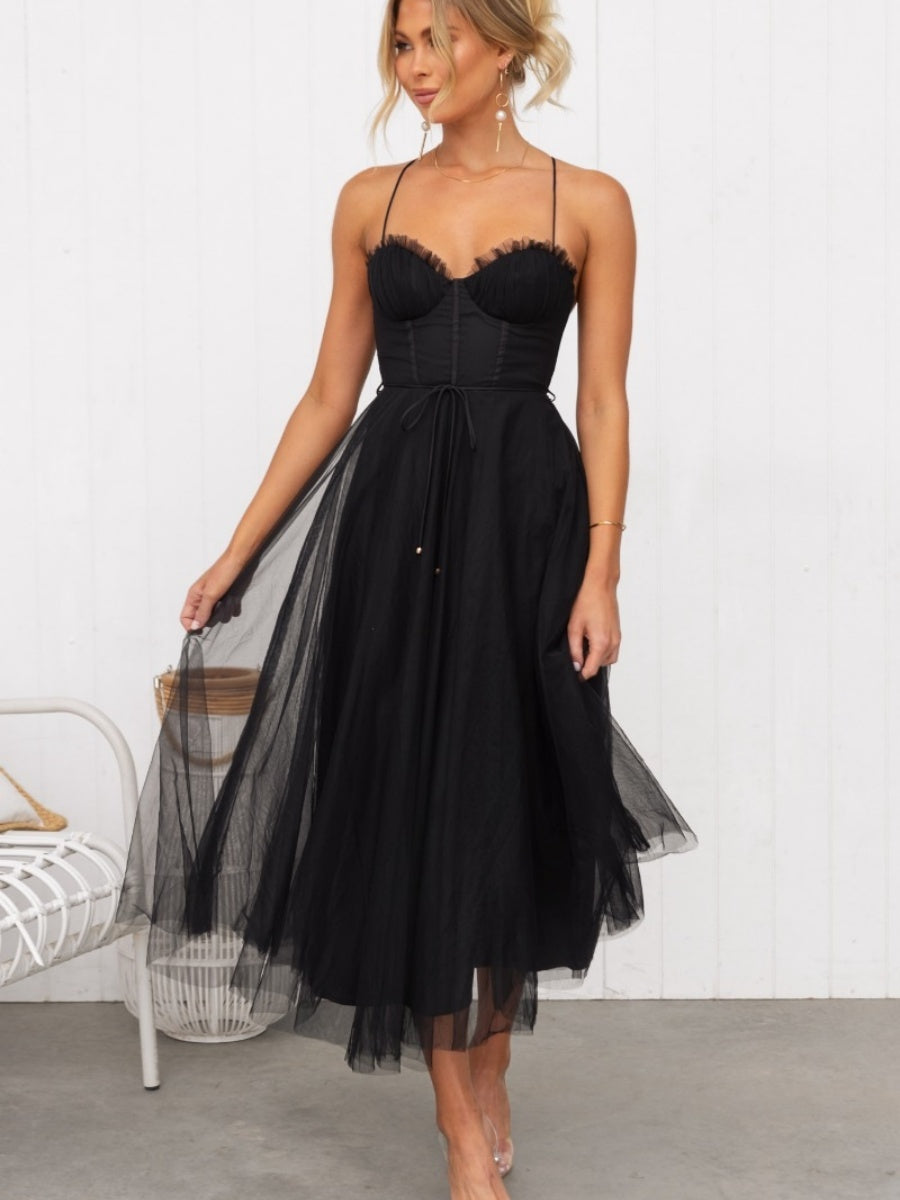 Mesh Lace Up Fishbone Camisoles Midi Dresses