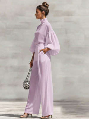 Chiffon Stand-up Collar Puff Sleeve High-waisted Draped Wide-leg Pants Two-piece Set