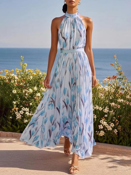 Elegant Maxi Dress With Halter Neck And Floral Print, European And American Vacation Style.