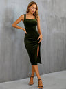 Square Neck, Slit, Bodycon Halter Top Velvet Midi Dress