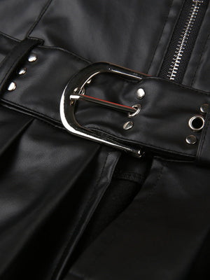 PU Leather Riveted And Stitched Belt With Slits And Pleats Skirts
