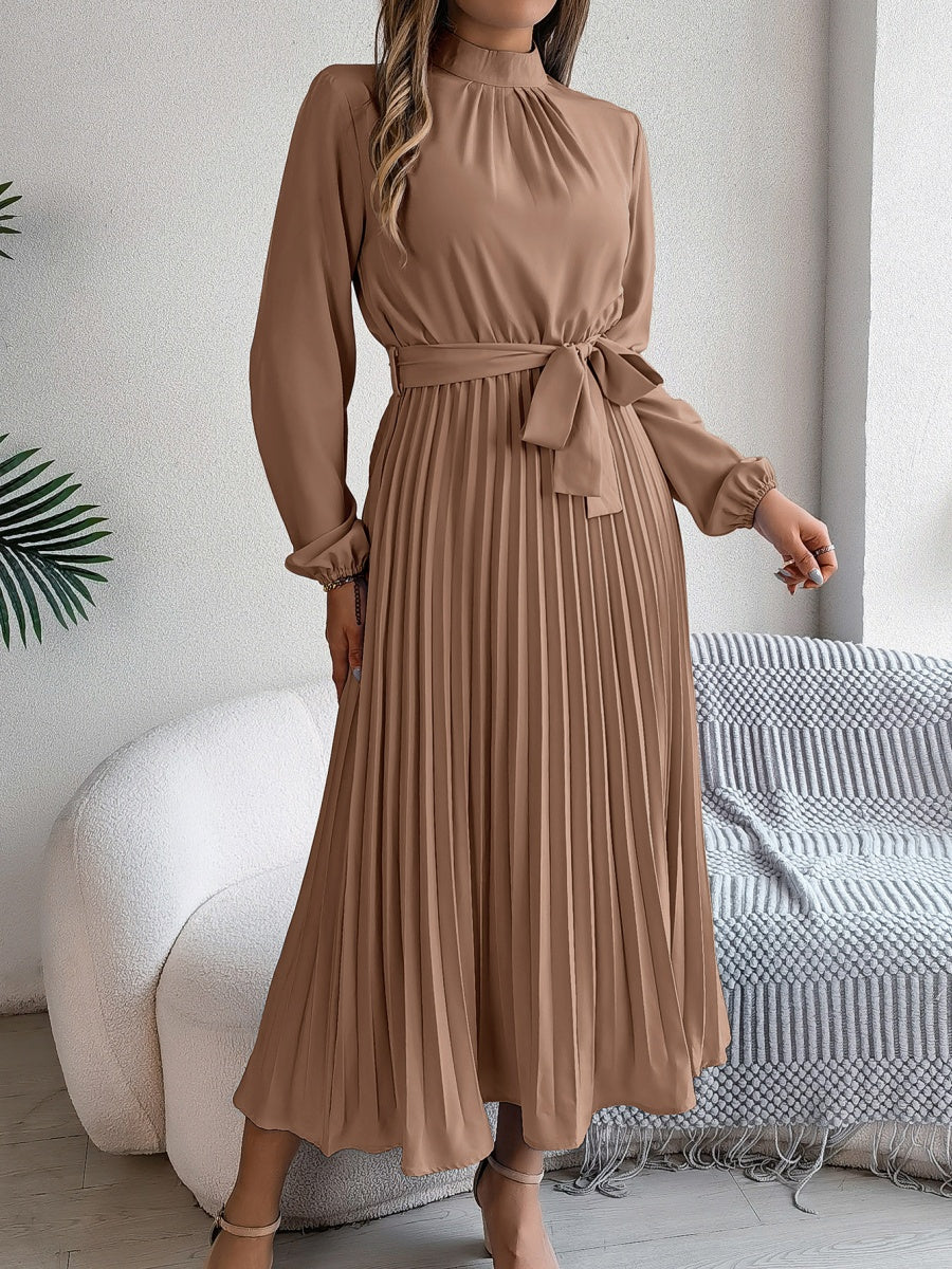 Stand Collar Long Sleeve Waist Pleats Midi Dresses
