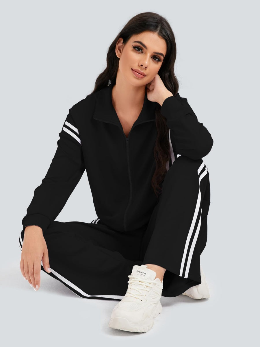 Sports Casual Suit Zipper Contrasting Colors Sweatshirts Wide-leg Pants 2-piece Sets