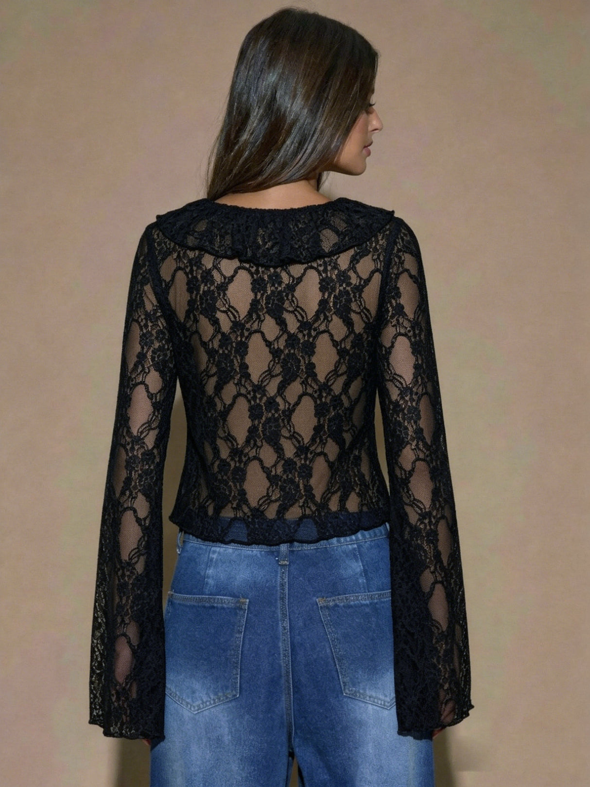 Long-sleeved Lace-up Romantic Tie-up Ruffle Layered Solid Color Chiffon Blouse
