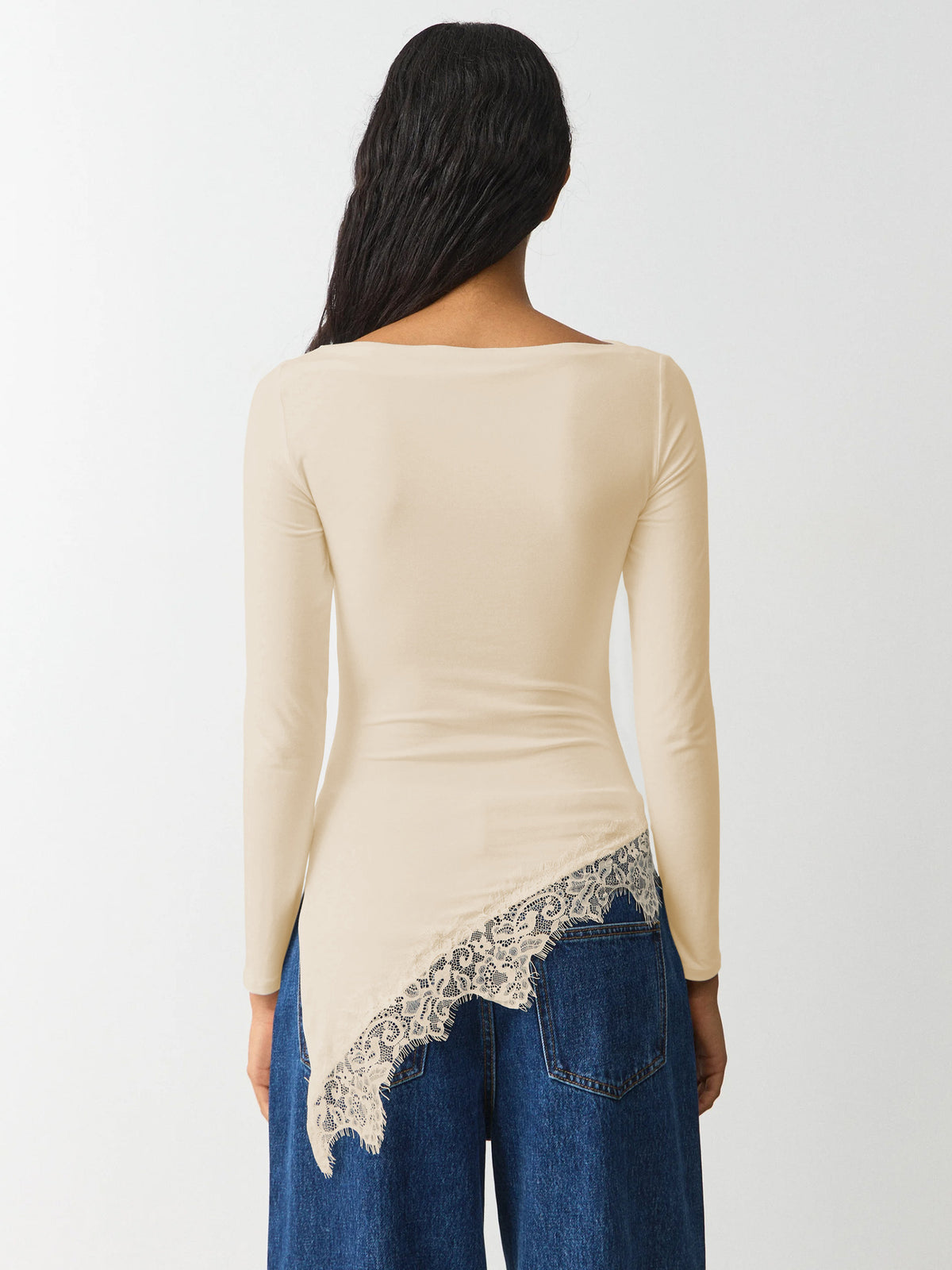 New Women's Simple Solid Color Design, Lace Trim And Slits At The Hem, Slim Fit Long Sleeve Top